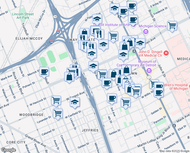 map of restaurants, bars, coffee shops, grocery stores, and more near 4747 3rd Avenue in Detroit