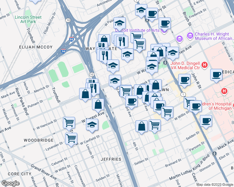 map of restaurants, bars, coffee shops, grocery stores, and more near 4747 3rd Avenue in Detroit