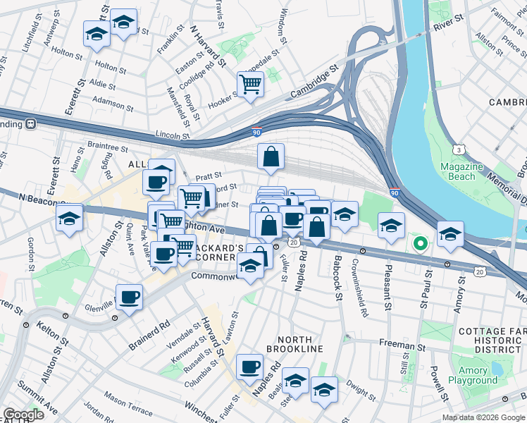 map of restaurants, bars, coffee shops, grocery stores, and more near 69 Ashford Street in Boston