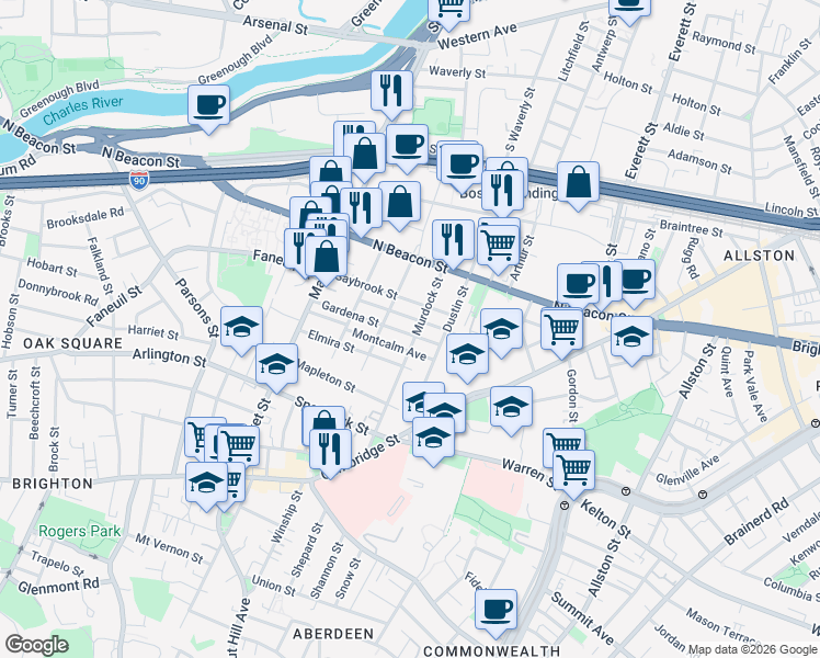 map of restaurants, bars, coffee shops, grocery stores, and more near 55 Saybrook Street in Boston