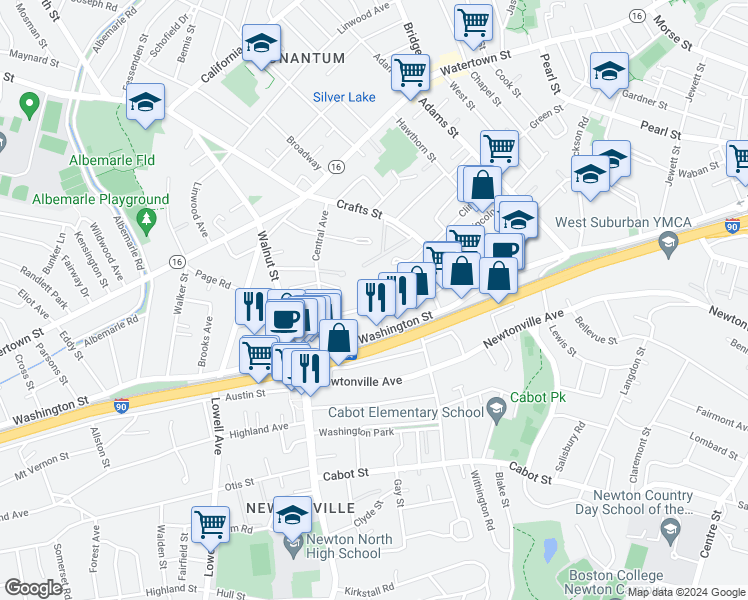 map of restaurants, bars, coffee shops, grocery stores, and more near 67R Court Street in Newton