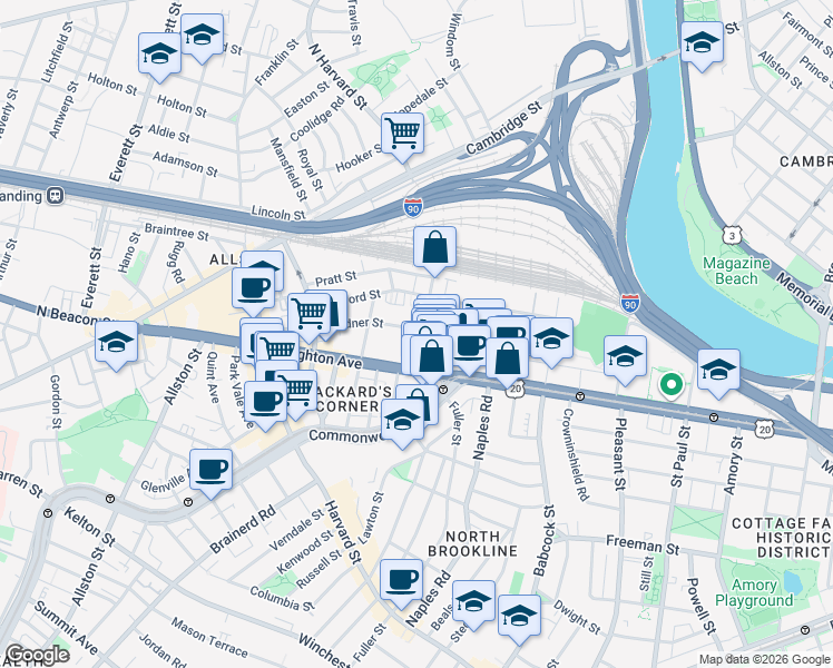 map of restaurants, bars, coffee shops, grocery stores, and more near 69 Ashford Street in Boston