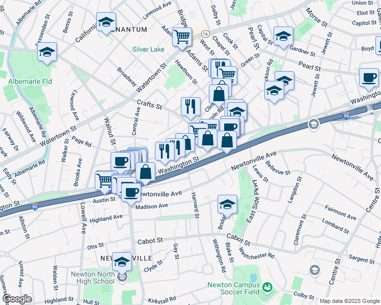 map of restaurants, bars, coffee shops, grocery stores, and more near 39 Court Street in Newton