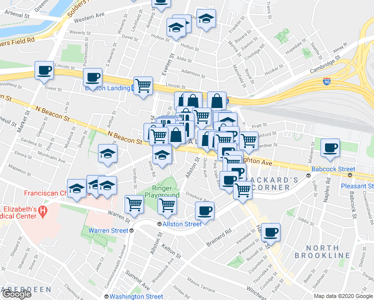 map of restaurants, bars, coffee shops, grocery stores, and more near Brighton Ave & Higgins St in Boston