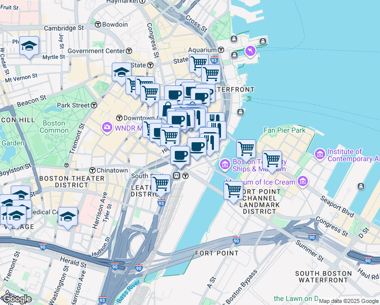 map of restaurants, bars, coffee shops, grocery stores, and more near Atlantic Avenue in Boston