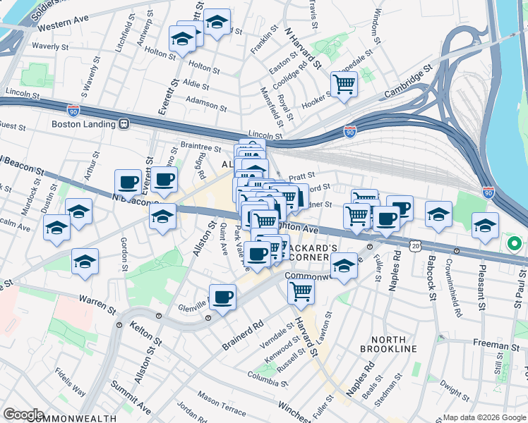 map of restaurants, bars, coffee shops, grocery stores, and more near 9 Farrington Avenue in Boston