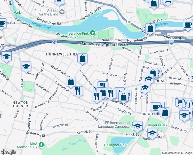 map of restaurants, bars, coffee shops, grocery stores, and more near 82 Perthshire Road in Boston