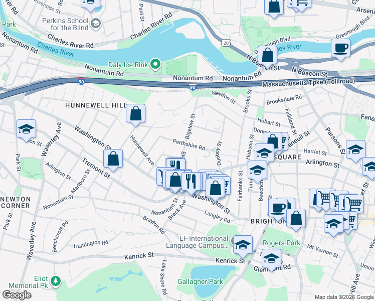 map of restaurants, bars, coffee shops, grocery stores, and more near 41 Bigelow Street in Boston