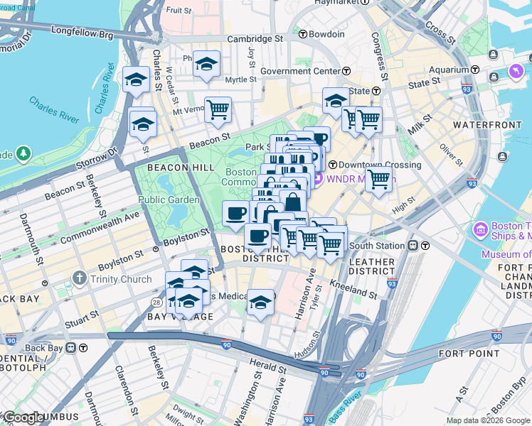 map of restaurants, bars, coffee shops, grocery stores, and more near Tremont Street & Avery Street in Boston