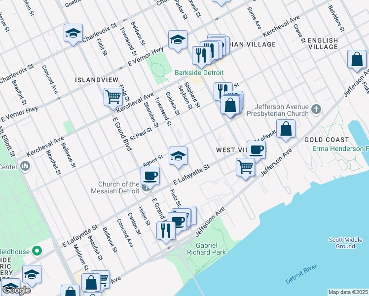 map of restaurants, bars, coffee shops, grocery stores, and more near 1421 Baldwin Street in Detroit