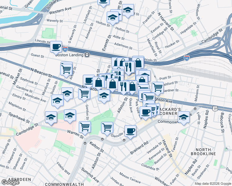 map of restaurants, bars, coffee shops, grocery stores, and more near 244 Brighton Avenue in Boston
