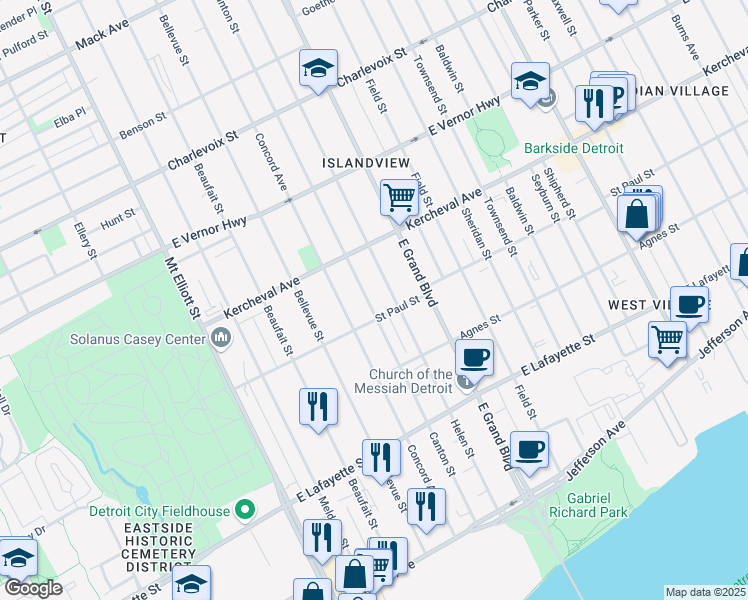 map of restaurants, bars, coffee shops, grocery stores, and more near 1764 Canton Street in Detroit
