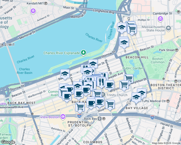 map of restaurants, bars, coffee shops, grocery stores, and more near in Boston