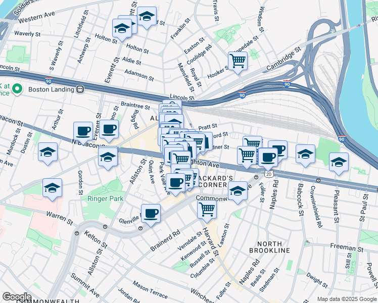 map of restaurants, bars, coffee shops, grocery stores, and more near 9 Farrington Avenue in Boston