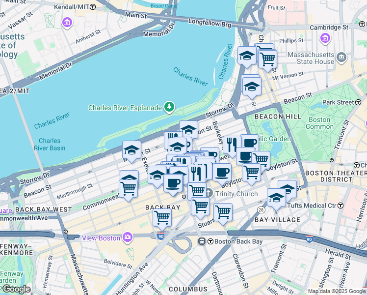 map of restaurants, bars, coffee shops, grocery stores, and more near in Boston