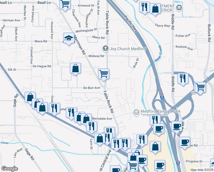map of restaurants, bars, coffee shops, grocery stores, and more near 2541 Table Rock Road in Medford
