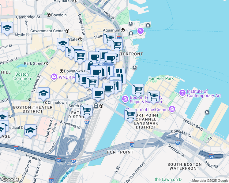 map of restaurants, bars, coffee shops, grocery stores, and more near 137-139 Pearl Street in Boston