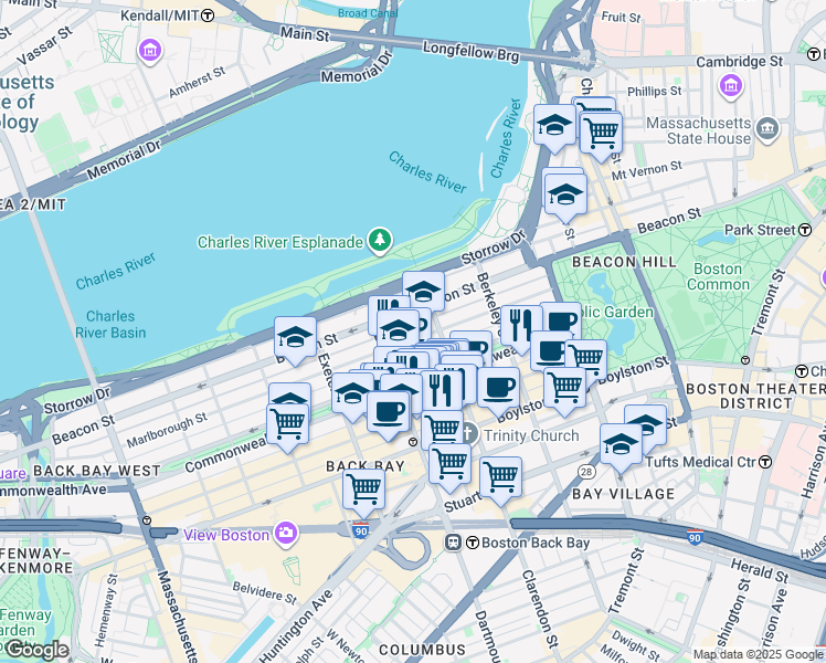 map of restaurants, bars, coffee shops, grocery stores, and more near in Boston