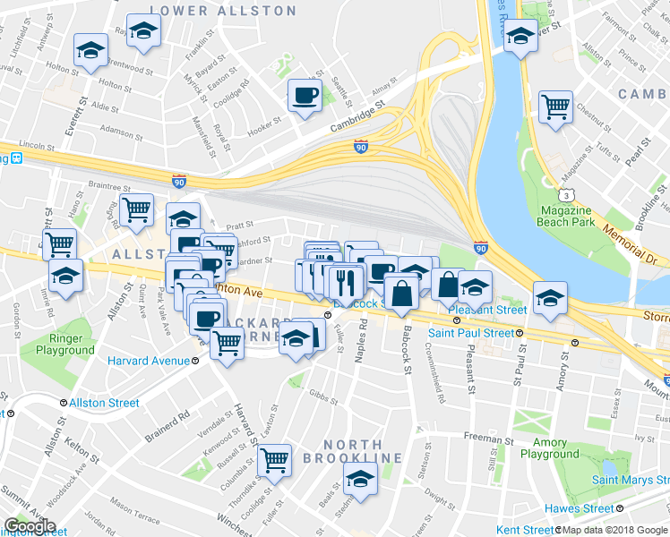 map of restaurants, bars, coffee shops, grocery stores, and more near 69 Ashford Street in Boston