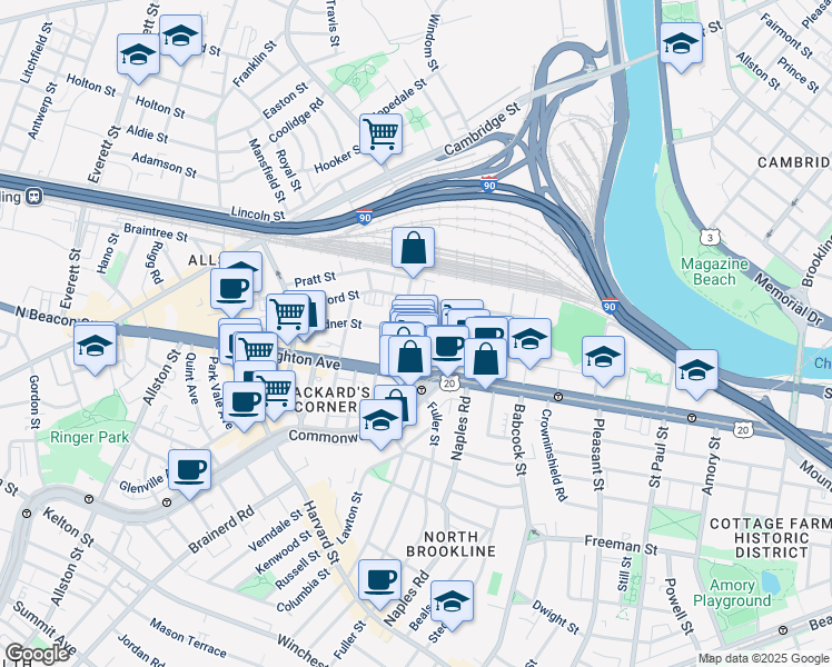map of restaurants, bars, coffee shops, grocery stores, and more near 69 Ashford Street in Boston