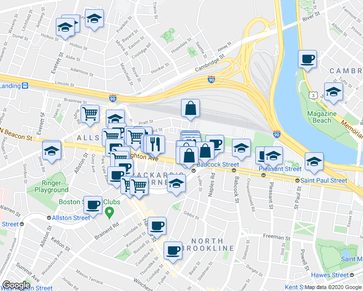 map of restaurants, bars, coffee shops, grocery stores, and more near 72 Gardner Street in Boston