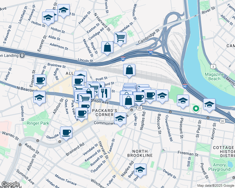 map of restaurants, bars, coffee shops, grocery stores, and more near 72 Gardner Street in Boston
