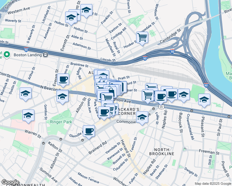 map of restaurants, bars, coffee shops, grocery stores, and more near 44 Linden Street in Boston