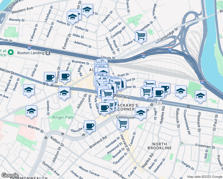 map of restaurants, bars, coffee shops, grocery stores, and more near 9 Farrington Avenue in Boston