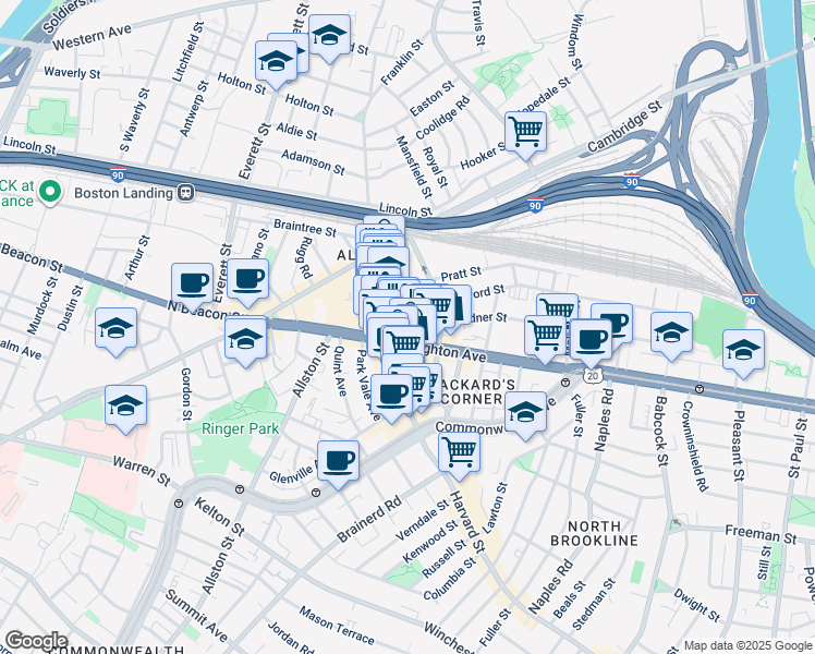 map of restaurants, bars, coffee shops, grocery stores, and more near 9 Farrington Avenue in Boston