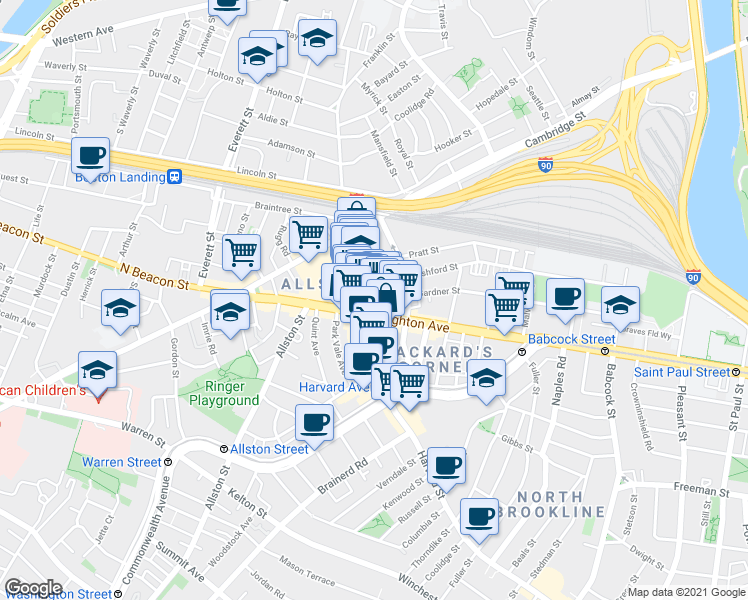 map of restaurants, bars, coffee shops, grocery stores, and more near 9 Farrington Avenue in Boston