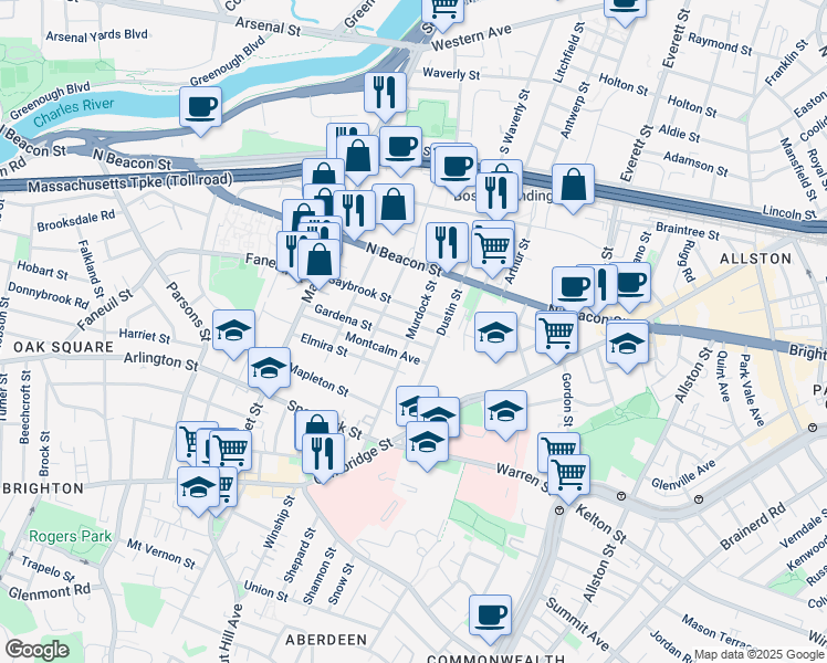map of restaurants, bars, coffee shops, grocery stores, and more near 55 Saybrook Street in Boston