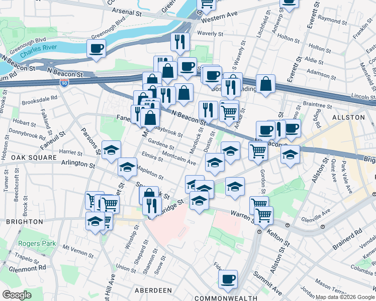 map of restaurants, bars, coffee shops, grocery stores, and more near 55 Saybrook Street in Boston