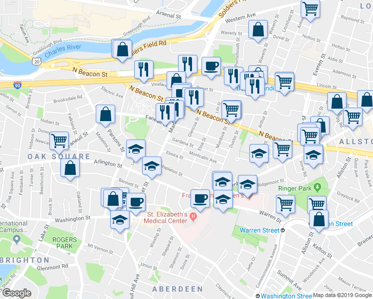 map of restaurants, bars, coffee shops, grocery stores, and more near in Boston