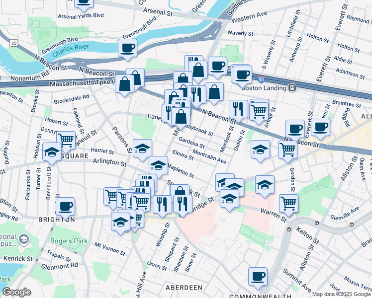 map of restaurants, bars, coffee shops, grocery stores, and more near 14-16 Gardena Street in Boston