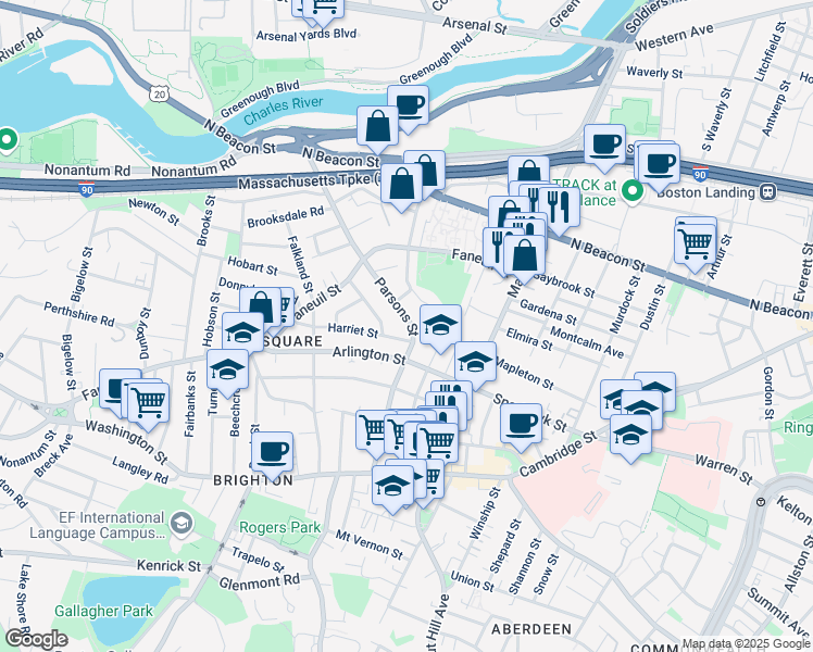 map of restaurants, bars, coffee shops, grocery stores, and more near 93 Goodenough Street in Boston