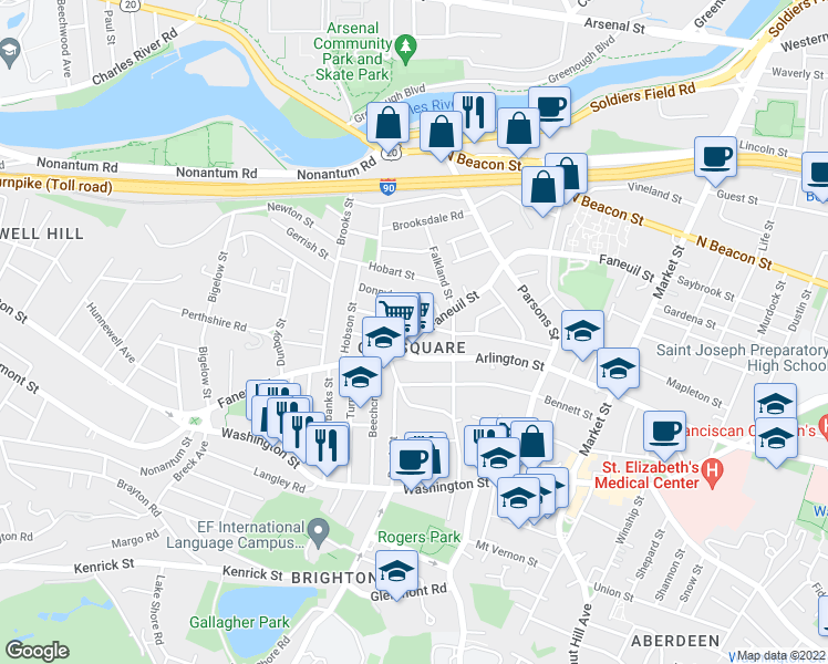map of restaurants, bars, coffee shops, grocery stores, and more near 17 Newcastle Road in Boston