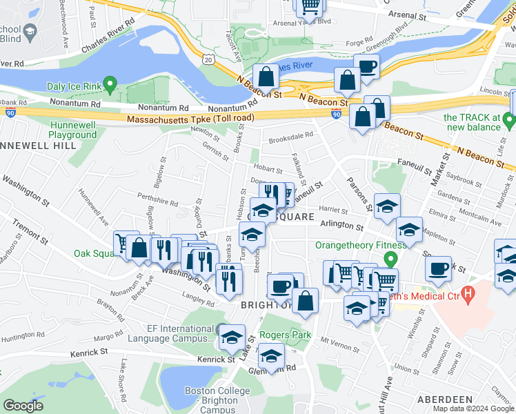 map of restaurants, bars, coffee shops, grocery stores, and more near 43 Newcastle Road in Boston