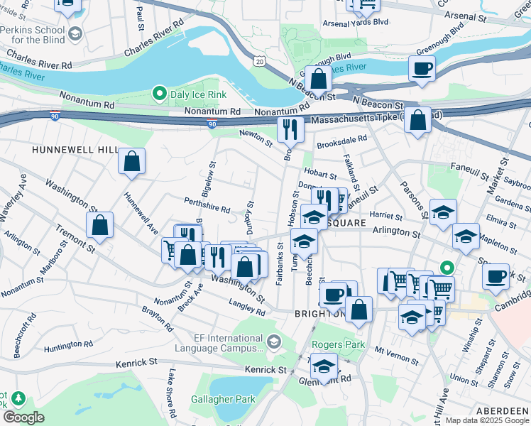 map of restaurants, bars, coffee shops, grocery stores, and more near 61 Dunboy Street in Boston