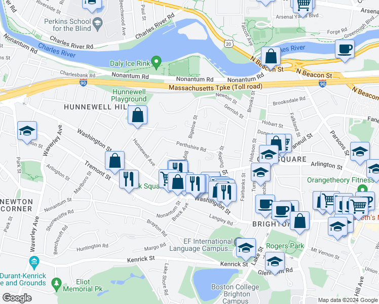 map of restaurants, bars, coffee shops, grocery stores, and more near 57 Bigelow Street in Boston