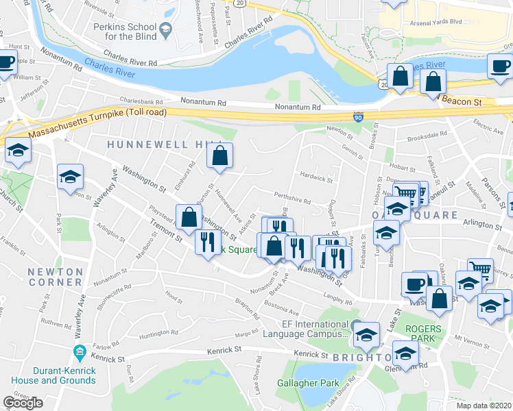 map of restaurants, bars, coffee shops, grocery stores, and more near 82 Perthshire Road in Boston
