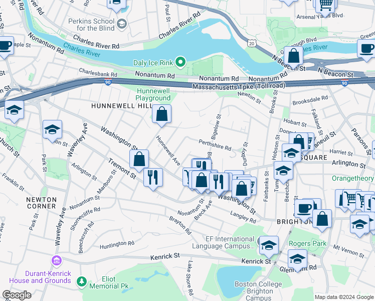 map of restaurants, bars, coffee shops, grocery stores, and more near 82 Perthshire Road in Boston
