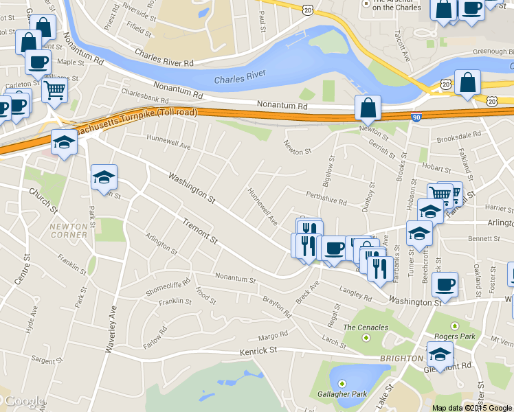 map of restaurants, bars, coffee shops, grocery stores, and more near 82 Hunnewell Avenue in Boston
