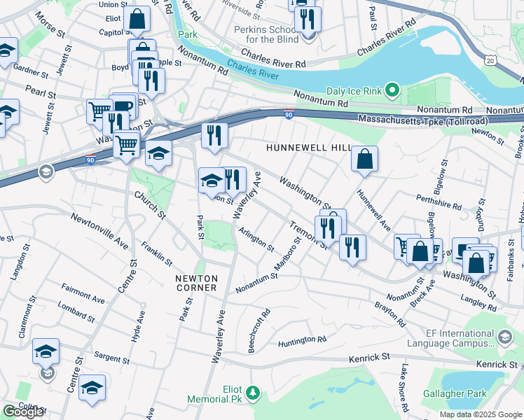 map of restaurants, bars, coffee shops, grocery stores, and more near 42 Whittemore Road in Newton