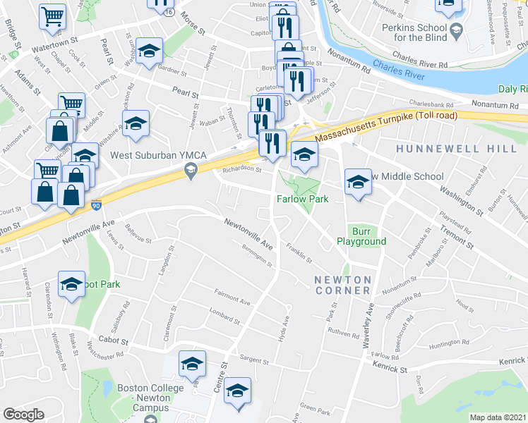 map of restaurants, bars, coffee shops, grocery stores, and more near 176 Church Street in Newton