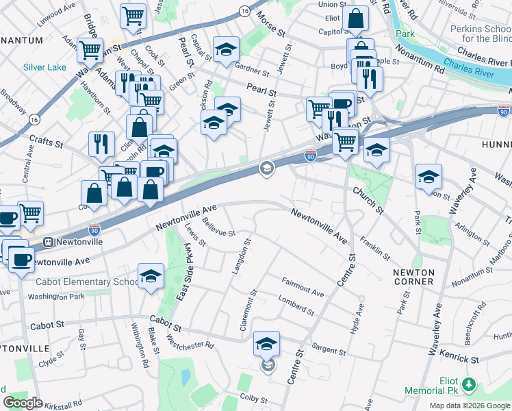 map of restaurants, bars, coffee shops, grocery stores, and more near 121 Newtonville Avenue in Newton