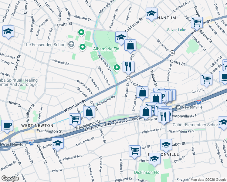 map of restaurants, bars, coffee shops, grocery stores, and more near in Newton