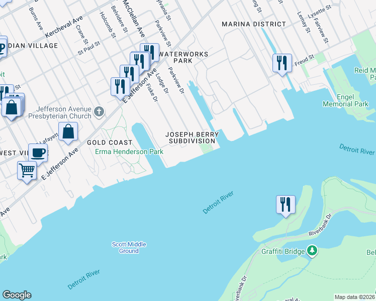 map of restaurants, bars, coffee shops, grocery stores, and more near in Detroit