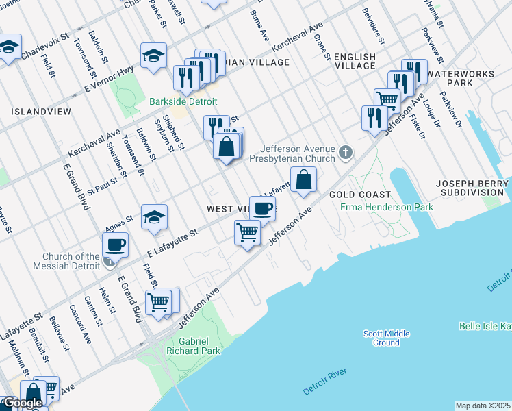 map of restaurants, bars, coffee shops, grocery stores, and more near 1006 Parker Street in Detroit