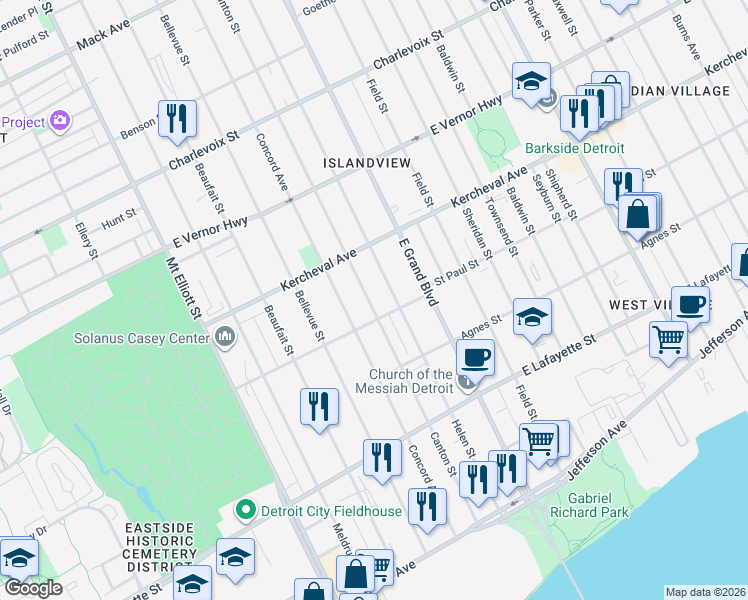 map of restaurants, bars, coffee shops, grocery stores, and more near 1764 Canton Street in Detroit