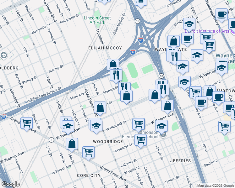 map of restaurants, bars, coffee shops, grocery stores, and more near 1541 Merrick Street in Detroit